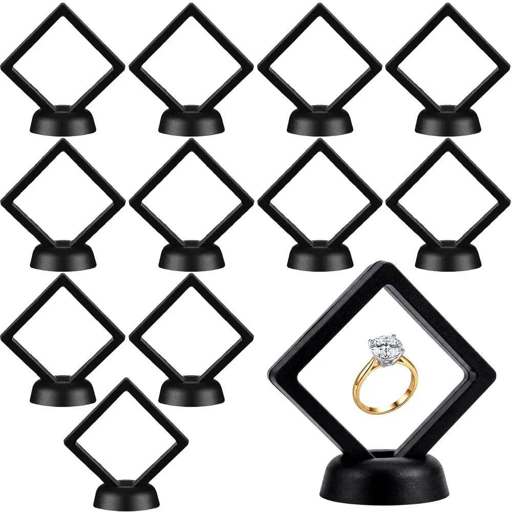 12Pcs Round 3D Floating Display Case Set, 2.7in Black Plastic Frame Stand with Transparent Film for Challenge Coin, Fossils, Rocks