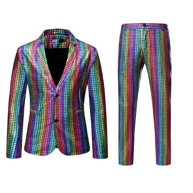 Men's European-code Suit Rainbow Plaid Gold-plated Stage Nightclub Cool Performance Shiny Suit Pants Two-piece Set