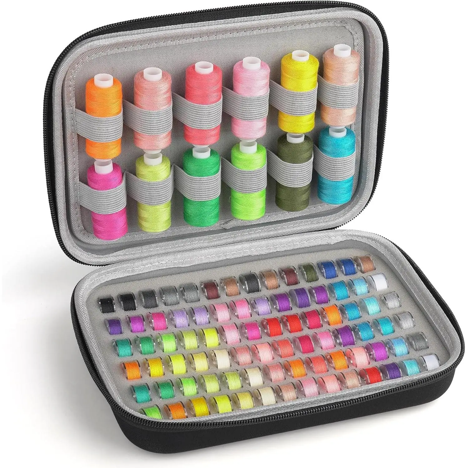 EVA Rectangular Sewing Bobbin Holder Storage Case - Compact 9.1*6.7*2.16 inches, Functional Zippered Design with Sturdy Handle, Shockproof Scratchproof Dustproof, Holds 84 Bobbins & 24 Spools, Compatible with Brother Janome Babylock Singer (Box Only)