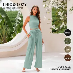 Women's Summer 2-Piece Ribbed Knit Lounge Set - Crew Neck Sleeveless Top & Wide Leg Pants - Ultra Soft Stretchy Comfy Chic Loungewear