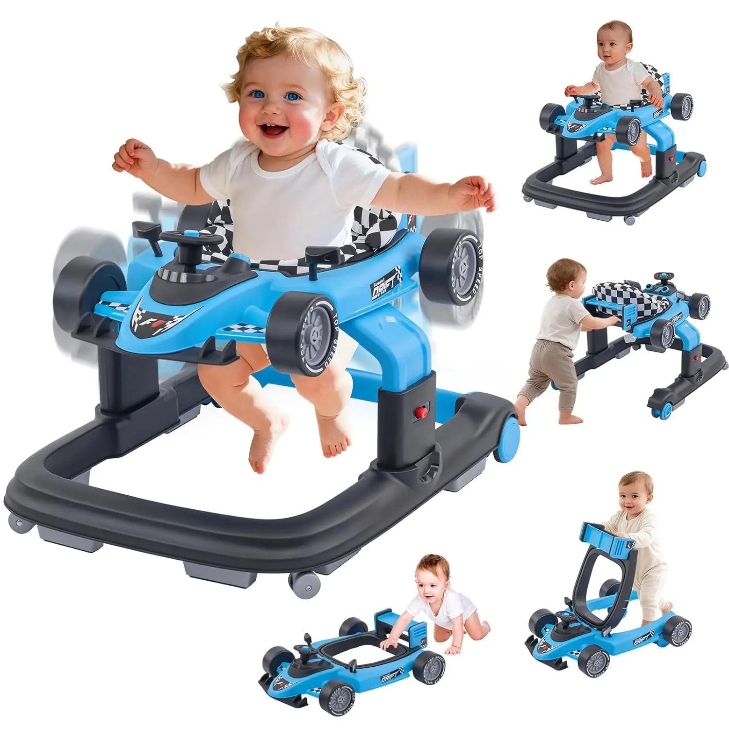 4-in-1 Baby Walker, Activity Center, Unisex 4-in-1 Design with Bounce Seat, 3 Heights, Musical Steering Wheel and Anti-Rollover for Babies 6-18 Months, Variable Form, 6 Non-Slip Pads, Infant Walker, Push Activit