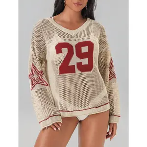 Women's Oversized Number Printed Star Pattern Knit Cover Up, V-Neck Hollow Mesh Cover Up For Summer Beach Vacation
