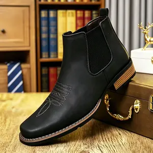 Men’s square-toe Western Chelsea boots featuring a casual embroidered design, ankle-height comfort, and a stylish look; simple work-casual shoes with a leather upper and non-slip rubber sole. versatile choice