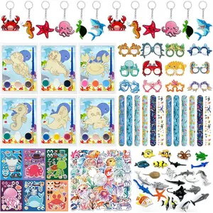 122 Pcs Under the Sea Party Favors Set with Ocean Animals Keychain Mask Sticker Mini Figure Wood Painting Slap Bracelet Ocean Animals Party Mermaid Birthday Party Favors Goodie Bag Stuffer Gifts