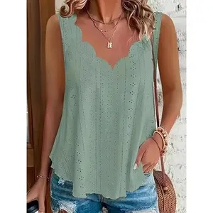 Plus Size, Summer Plus Size Casual Solid Color Scallop Edge V-Neck Sleeveless Tank Top