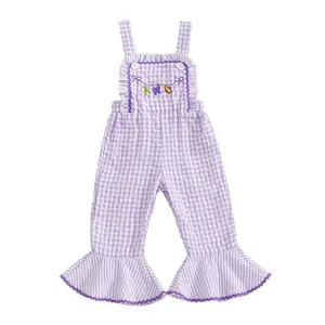 Toddler Baby Girls MardiGras Jumpsuits Cute Clown Hat Embroidery Sleeveless Plaid Ruffle Overalls
