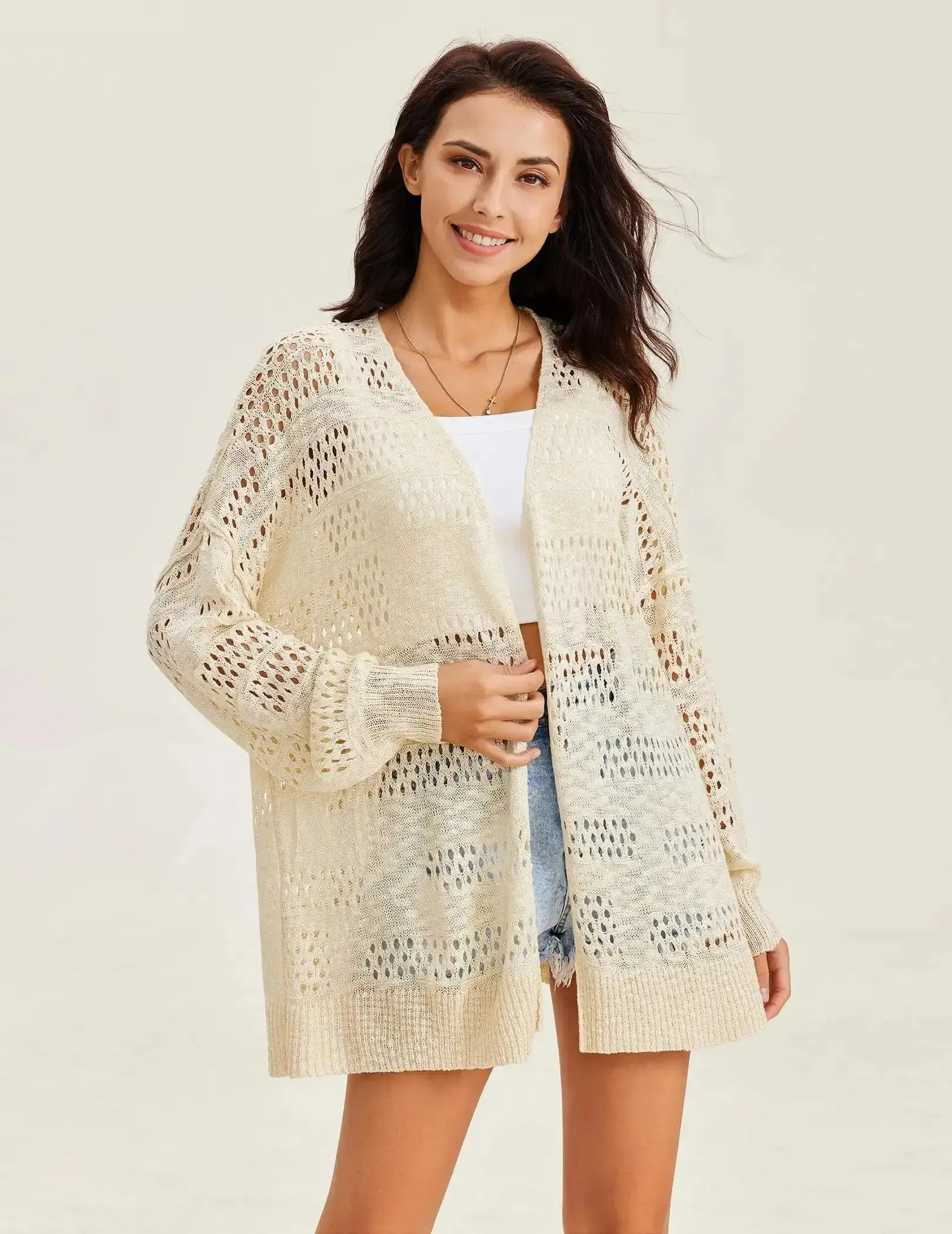 Elegant Oversized Crochet Cardigan, Baggy Long Sleeve Open Front Knitwear, Lightweight Fabric Vintage Vibe Summer Layer, Textured Elegance Cozy Refinement Layering Essential Boho Chic Sophistication