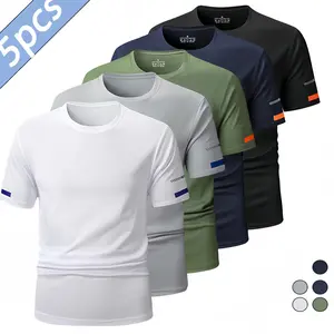 Pack of 5 men’s summer T-shirts featuring stylish prints; casual athletic short-sleeve crewneck shirts made from breathable, stretchy fabric—comfortable for sports, outdoor activities, fitness training, running, and everyday wear; also suitable as gifts.