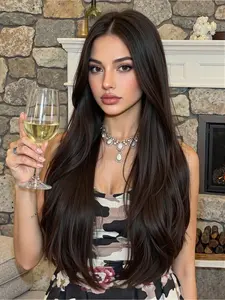 26-Inch Straight Wig with Bangs, Heat-Resistant Full Head Cap, Synthetic Hair for Women, Perfect for Outdoors, Dates, Music Festivals, Synthetic Material Wigs