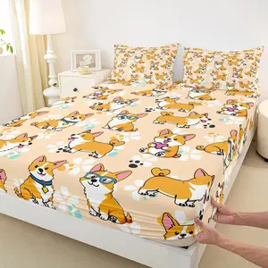 Cute Corgi Fitted Sheet,Cartoon Dog Paw Bedding Set for Kids Teens Boys Girls Room Decor,Pets Dog Bed Cover Kawaii Yellow Bed Sheet (No Flat Sheet)
