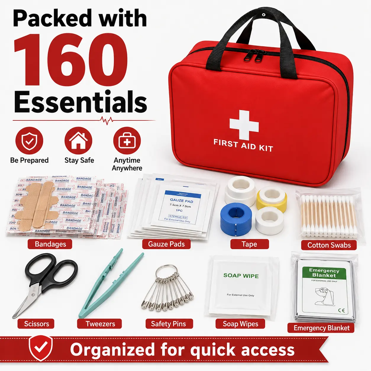 160-Piece Premium Waterproof Compact Trauma First Aid Kit with Compact Pouch, for Medical Emergency Use, Ideal for Home, Outdoor Activities, Gift for Families, Relief Kit