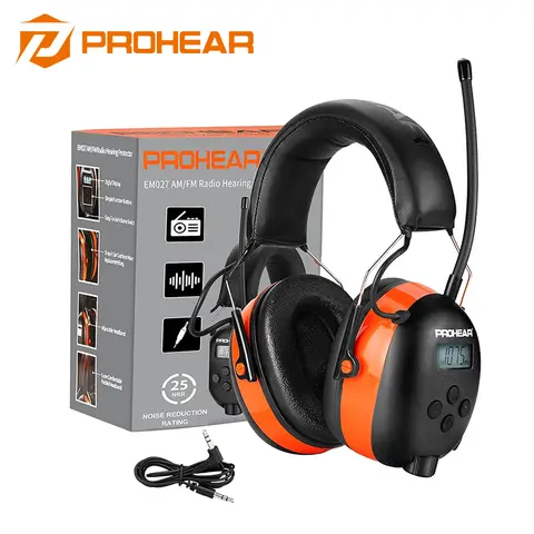 PROHEAR 027 Over Ear Safety Earmuffs - 25dB NRR Comfy Headphones, Adjustable One Size, Lightweight with AM/FM Radio, Digital LCD Screen, 3.5mm AUX Input, 85dB Safe Level for Mowing, Construction, Workshop Use