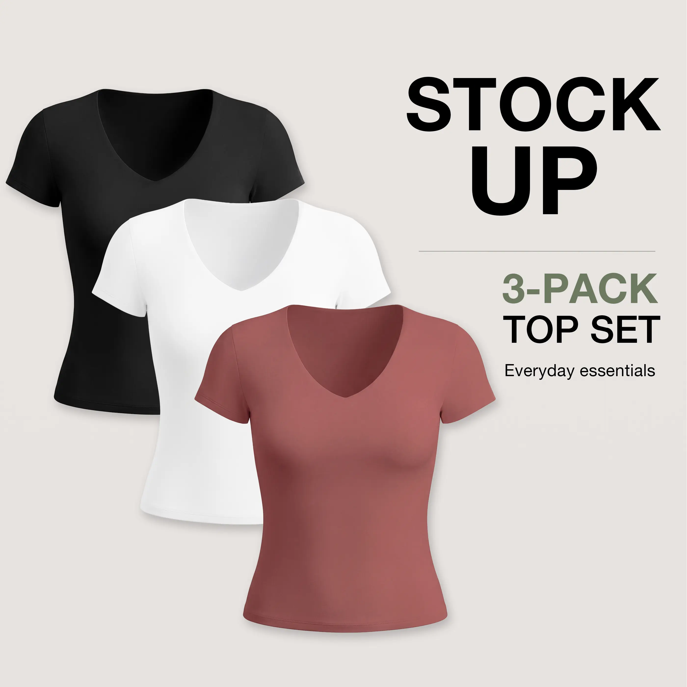 PUMIEY【3 Piece Set】Snatched V Neck Fitted T-Shirt, Double Layer Not See-Through, Buttery Soft Stretch Tee, Minimal Everyday Essential