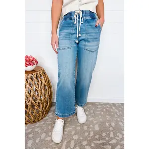 Eliza Crop Patch Pocket Front Tie Risen Jeans - Light Wash