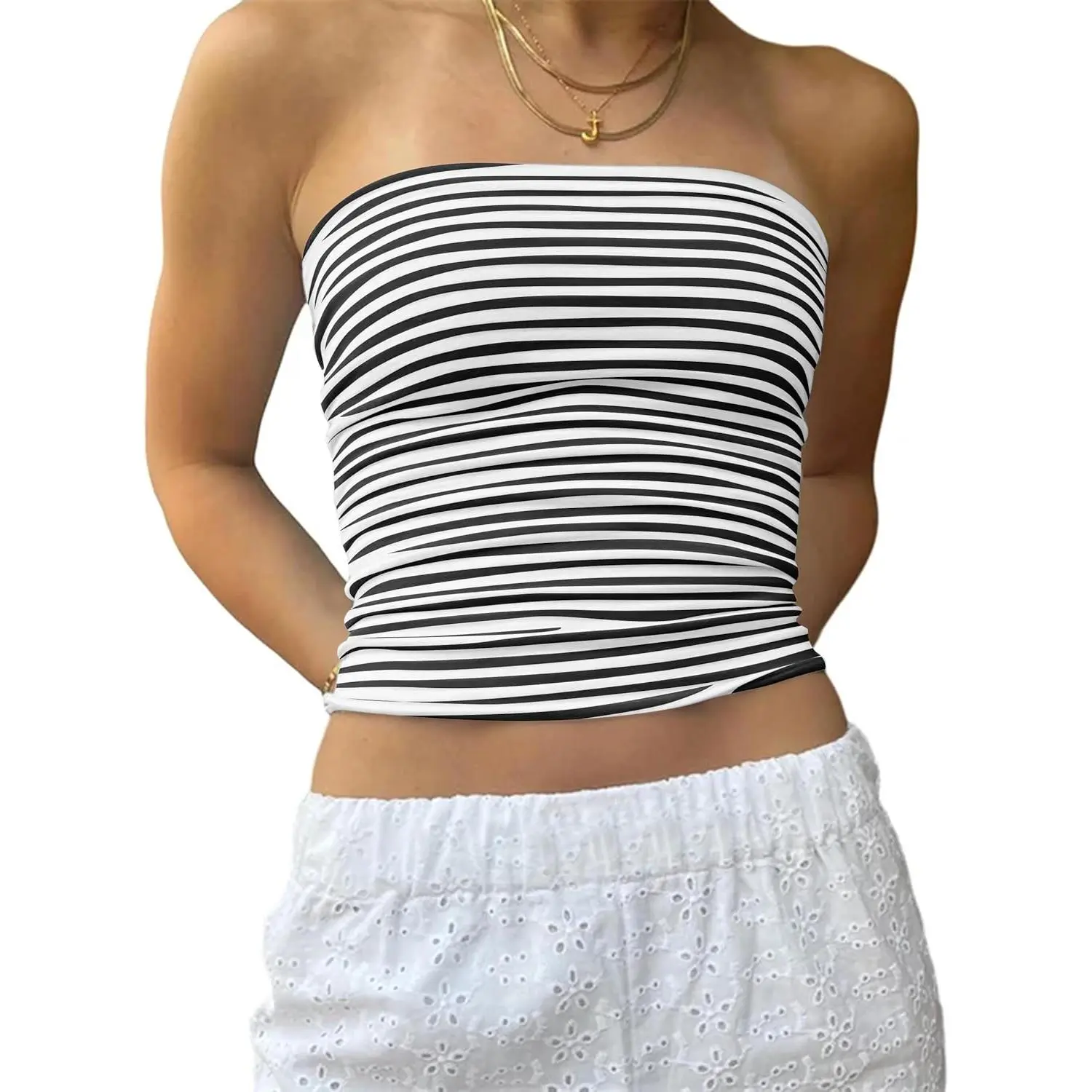 Women's Strapless Striped Bandeau Tube Top - Y2K Aesthetic, Sleeveless, Backless, Slim-Fitting, Tight-Fitting Crop Tank for Summer Going Out, Casual Short Top in Black, Gray