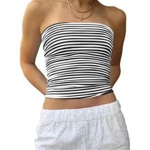 Women Strapless Striped Bandeau Tube Tops Y2K Aesthetic Sleeveless Backless Crop Tank Going Out Summer Girls Womenswear Black Gray Casual Short