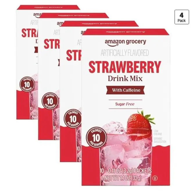 Caffeinated Strawberry Sugar-Free Hydration Powder Drink Mix, 10 Packets (1.1 Oz Each) - 4 Boxes, 40 Total Packets (Amazon Grocery), Sugar-Free Drinks