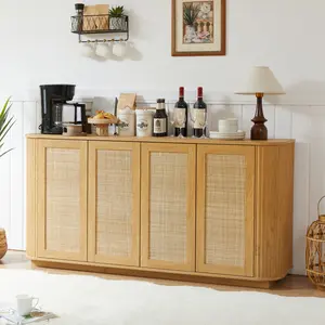 64-inch wave shaped TV stand, rounded corner sideboard, storage cabinet, buffet, wood vertical striped cabinet with rattan doors for kitchen/bedroom/entryway. Natural, 64''W x 15''D x 31.5''H