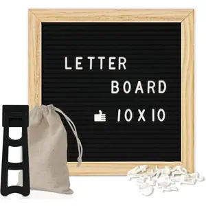 Letter Board Sign with 500 Letters 10" x 10" Felt Letter Board with Stand for  to School Oak Wooden Frame Message Board Black Announcement Board Valentine's Day