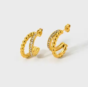 Double Band Beaded & CZ Hoop Earrings