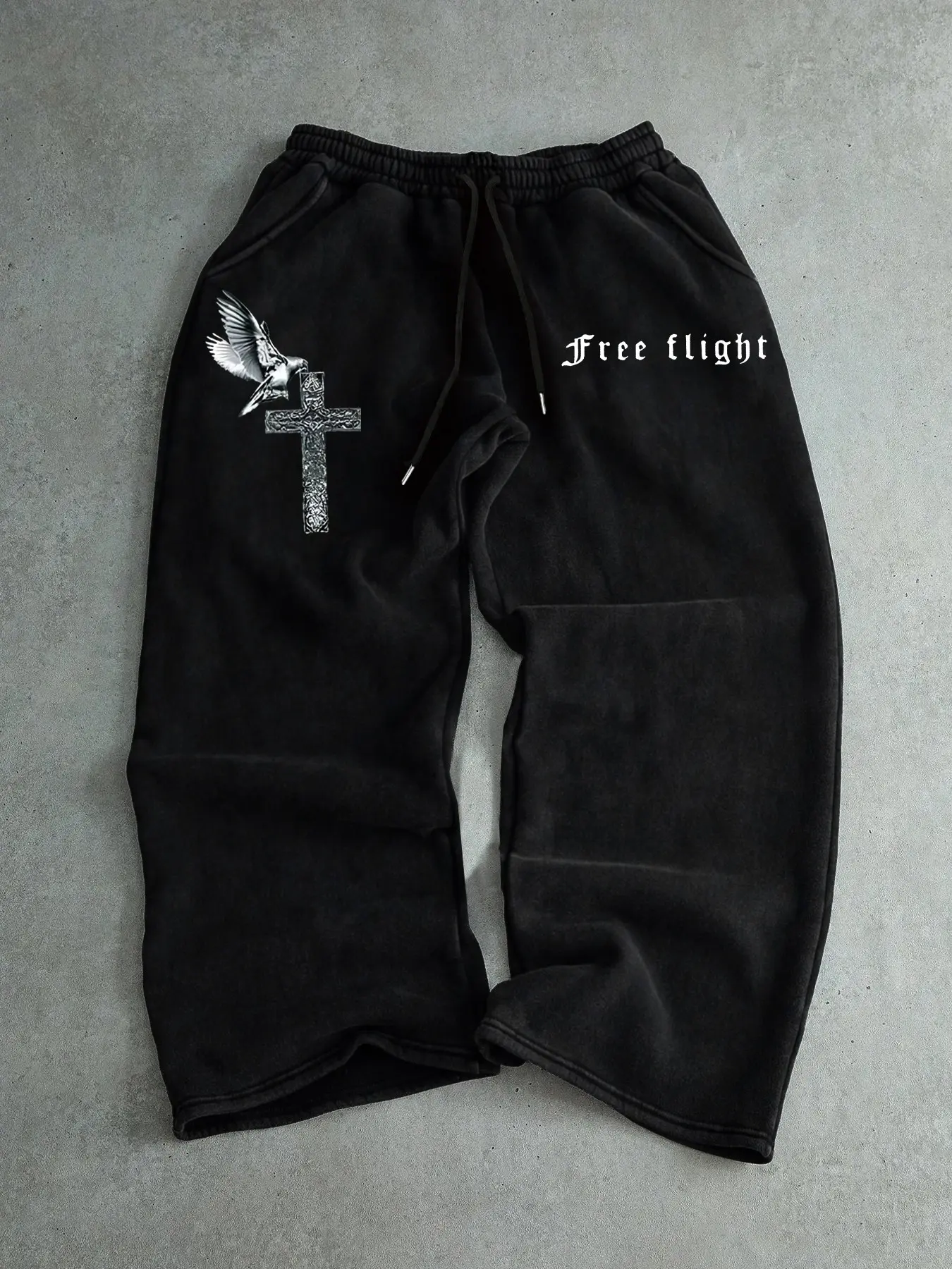 Men's Casual Sporty Long Pants, Pigeon & Cross Pattern Print, Drawstring Wide Leg, Adjustable Drawstring Graphic Print Sweatpants, All Season Loose Fit, Men's Fashion Clothing, Relaxed Fit Pants, Drawstring Waist Sweatpants