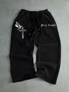 Men's Casual Sporty Long Pants, Pigeon & Cross Pattern Print, Drawstring Wide Leg, All Season Loose Fit, Men's Fashion Clothing, Drawstring Waist Sweatpants