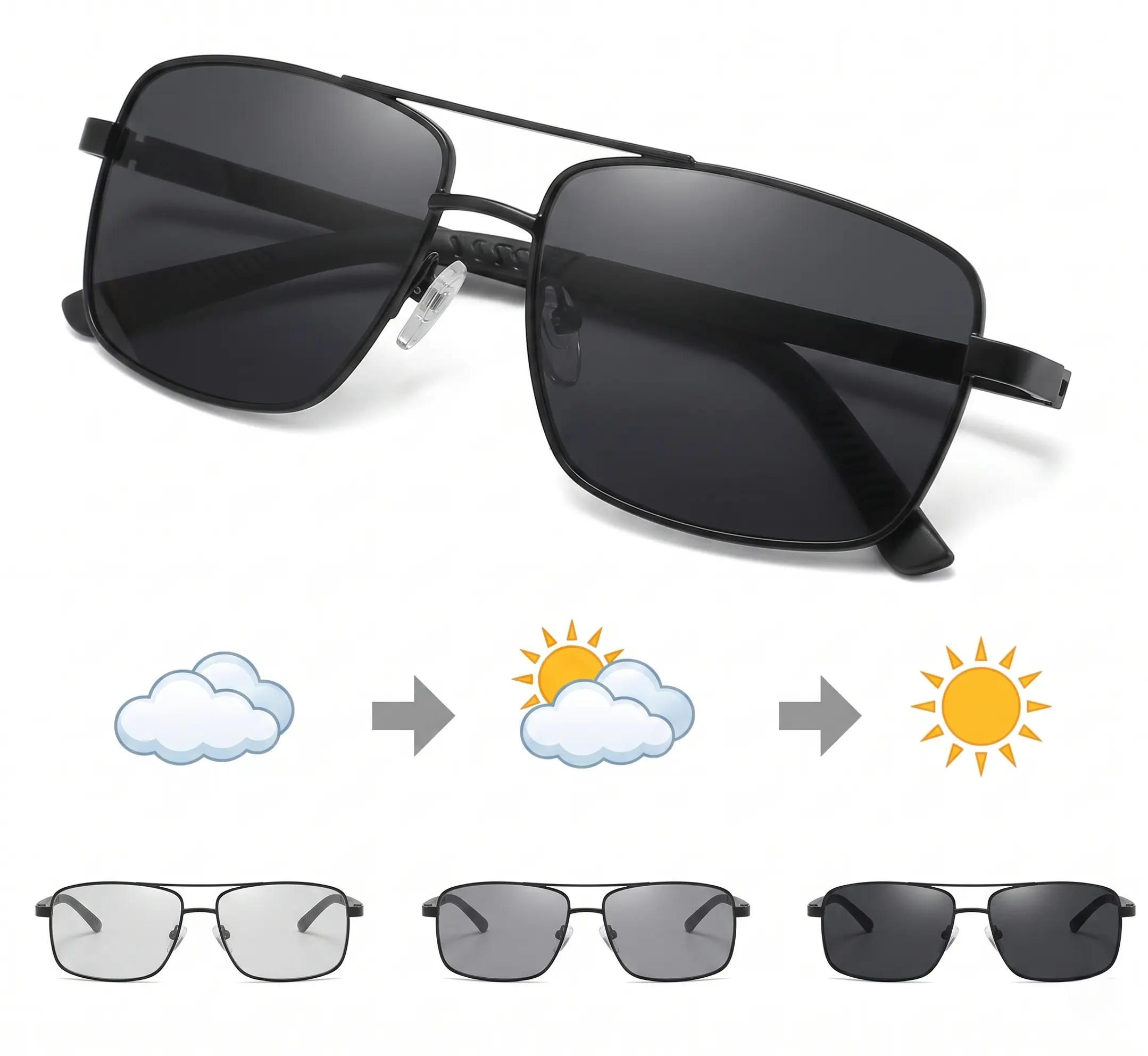 Photochromic Polarized Sunglasses UV400, Anti-Glare Driving Glasses, Square Frame Unisex