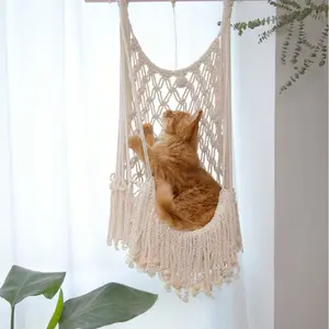 Macrame Cat Hammock Wall Hanging, Boho Style Cat Bed, Handmade Fiber Art, All-Seasons Use, No Pad Included, Durable Pet Lounger