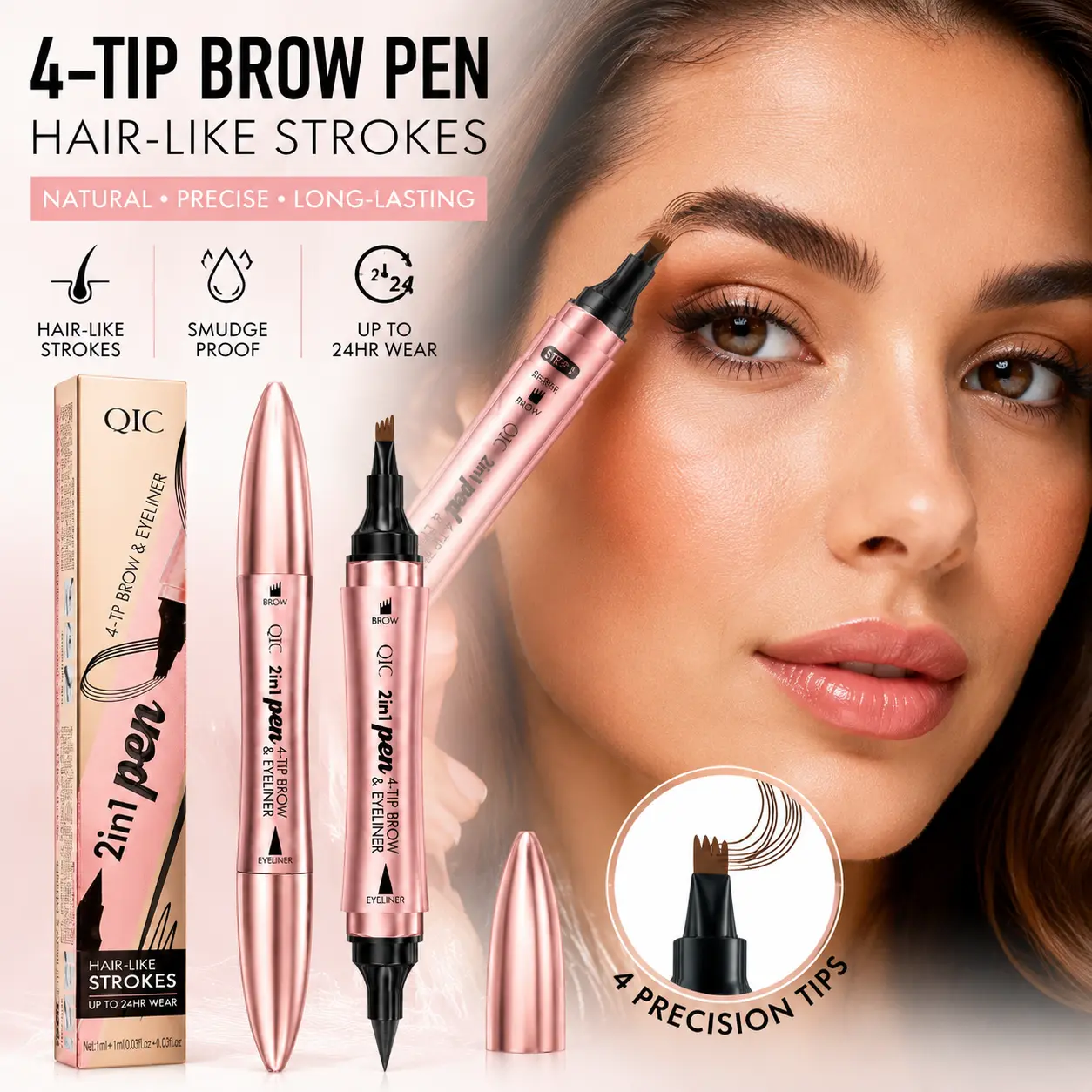 Women's Waterproof 2-in-1 Dual Tip Liquid Brow Pencil-Eyeliner, Long-Lasting Makeup Tool with Print Design for Adults, Single Item in Glossy Box, 36 Months Shelf Life