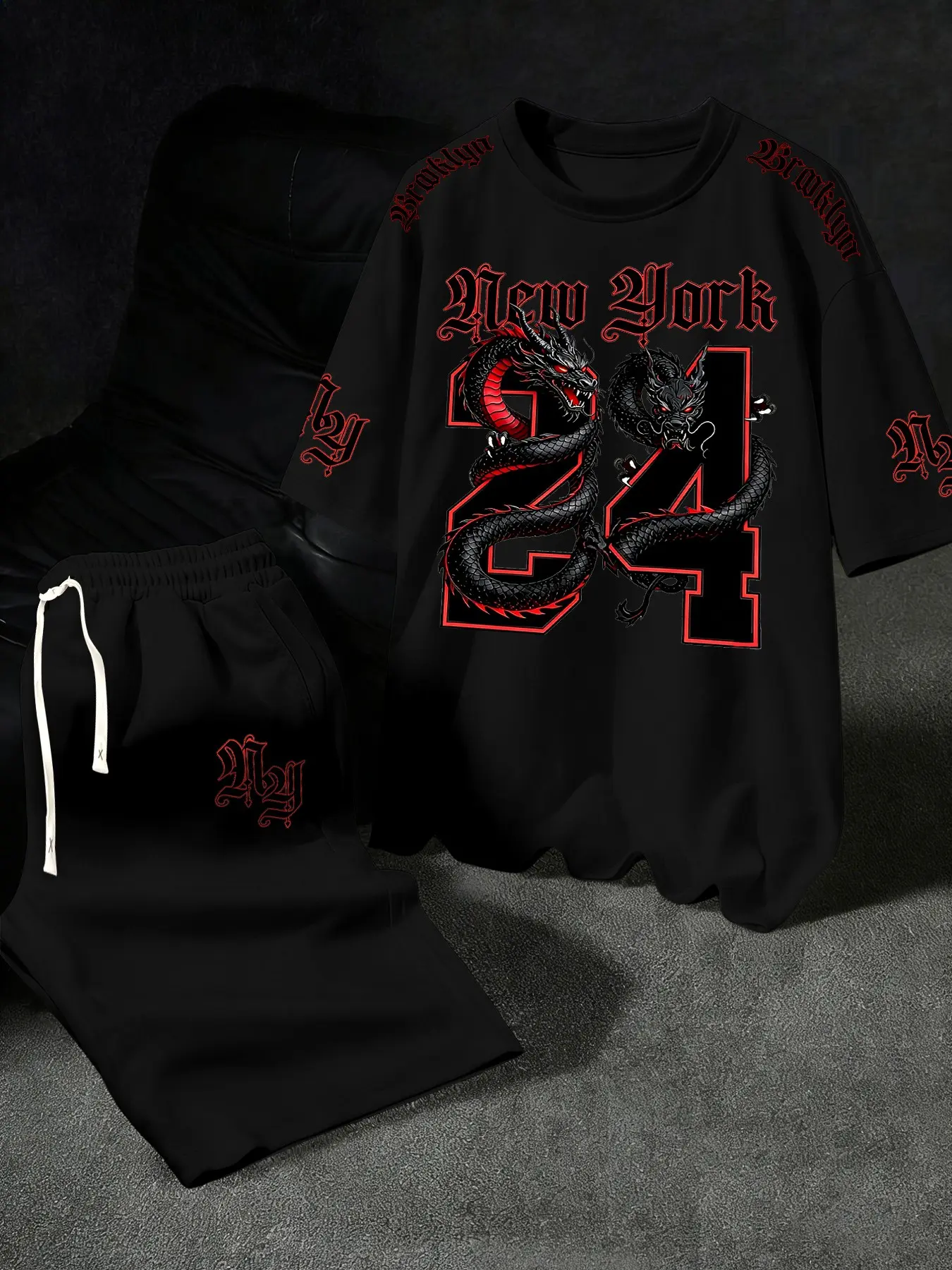 American Street Dragon Print Ny Letter Short Sleeve Set, Menswear, Dark Streetwear Style T-Shirt + Shorts, Elastic Waistband, Loose Fit, Men's Fashion