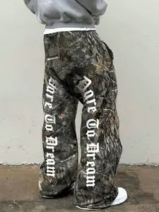 Men's Casual Camo Long Pants, Loose-Fit Drawstring Wide Leg Joggers, Letter Print, All-Season Wearable Men's Clothing
