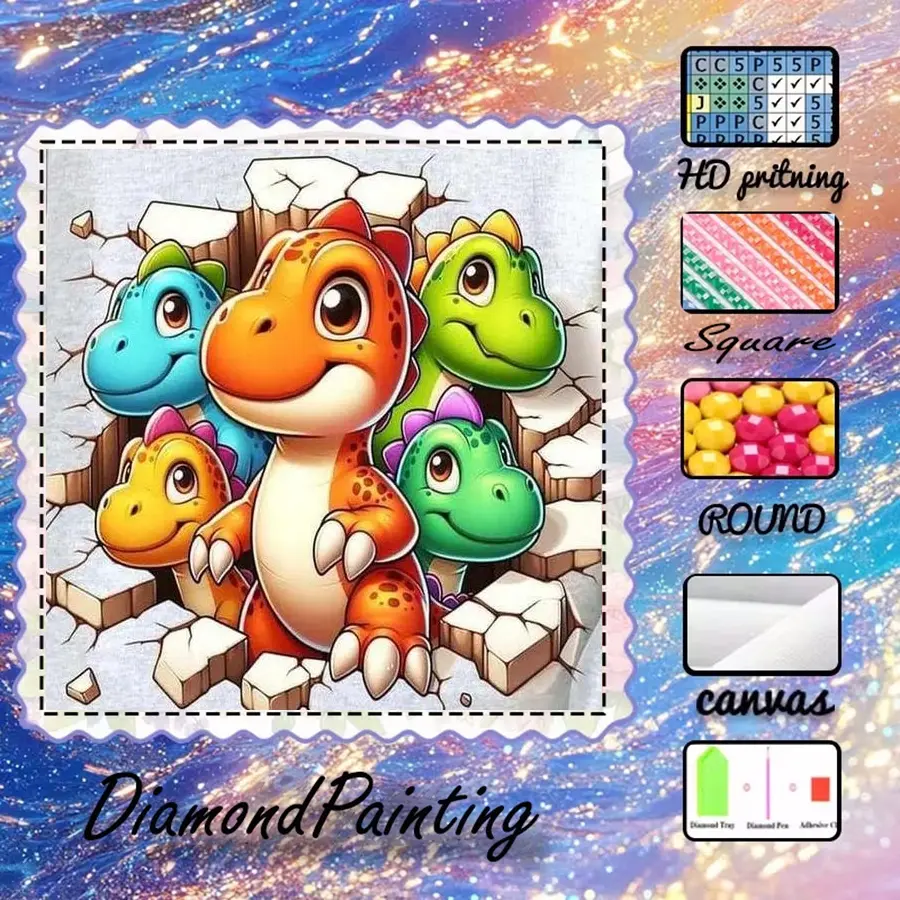 5D-DIY, plush canvas, Acrylic, diamond art, Diamond Pattern Design, diamond painting kit, Diamond Art Painting Set, Crafts, cartoon dinosaur, cute, colorful AB diamonds, perfect home decor