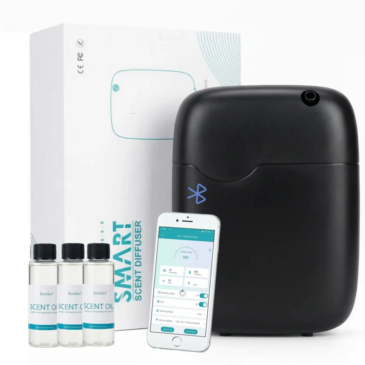 Kevinleo Compact Bluetooth App-Controlled Waterless Smart Aroma Freshener Bottle - Fragrance Oil Diffuser, 3x20ml Scents, Scent & Time Adjustment, 2000 sq.ft Coverage for Home, Commercial Use