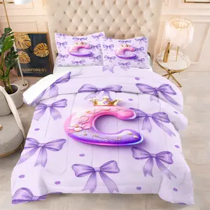 2/3-Piece Alphabet Series Bedding Set with Purple Bow theme Soft and Comfortable Polyester Fiber Comforter Set Features an Overall Dreamy and Sweet Style Ideal for Princess-themed Bedroom Decor Suitable for All Seasons