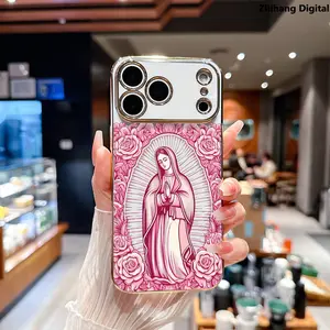 Premium Elegance Luxury Golden Edge Electroplating Phone Case for iPhone 17 Pro Max Air 16 Plus 15 14 13 12 11 Virgin Mary Design Shockproof Non Slip Military-Grade Protection Silicone Cover Cellphone Protective Smartphone Casing