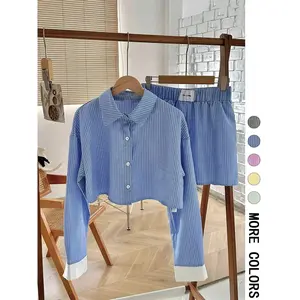 Women's striped printed button up front shirt and shorts two-piece set, spring and autumn casual long sleeved collar top and shorts, women's daily clothing, women's clothingRAIMENTRY