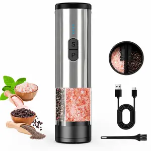 Electric Salt and Pepper Grinder Set, 2 in 1 Dual Bins USB Rechargeable Refillable Automatic Salt and Pepper Mill Shaker with LED Light, Dual Ceramic Grinder Adjustable Coarseness, kitchen gift, Black,Silver Stainless
