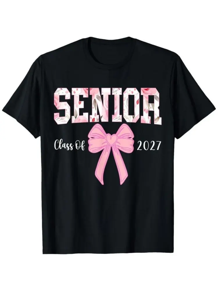 Senior 2027 Pink Bow Floral Back to School Tee Round Neck Fit