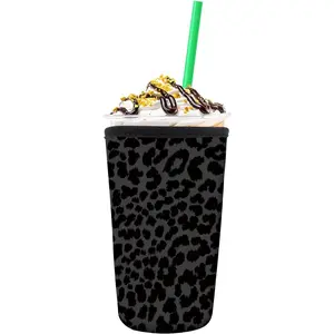 Reusable Neoprene Insulator Sleeve for Iced Coffee Cold Soda Cups, Cute Durable Drink Sleeve for Cold Beverages, Medium 22-28oz Cup Sleeve Luxuious Black Leopard