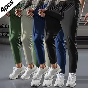 4PCS--Men's Sports Pants, Drawstring Waist, Zipper Pockets, Comfortable and Breathable High Elasticity Fabric, Suitable for Outdoor Jogging, Gym, Casual Nine-Point Pants