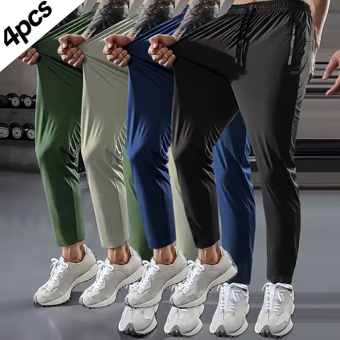 Men's 4PCS Athleisure Pants - Adjustable Drawstring Waist, Zipper Pockets, High Elasticity, Breathable, Quick Dry Fabric, 9-Point, Machine Washable for Outdoor Jogging, Gym