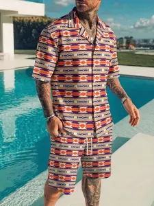 Men's Casual Beach Set Camp Collar Shirt & Drawstring Waist Shorts Summer Vacation Outfit