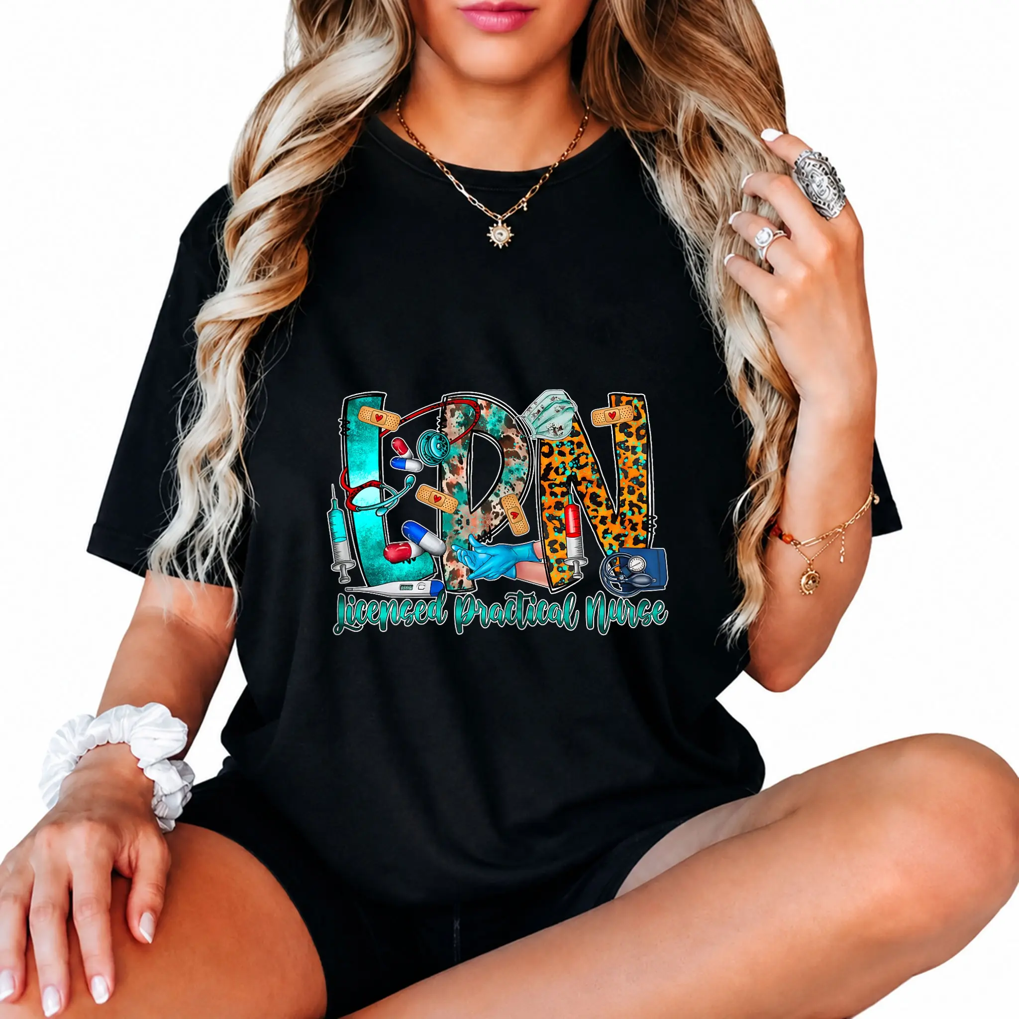 Women's 100% Cotton Short-Sleeve LPN Licensed Practical Nurse Graphic Round Neck Top - Funny LPN Theme T-Shirt with Playful Look, Casual Everyday Gift for LPNs, Vintage Style