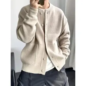 Fashion men's wear?? The Size Runs Slightly Small But Is Unisex Thickened Cardigan Sweater Jacket- Warm Winter Coat, Loose Long Sleeve Button Closure Design, Soft Light Beige Fabric Suitable For Daily And Formal Outfits- Urban Str