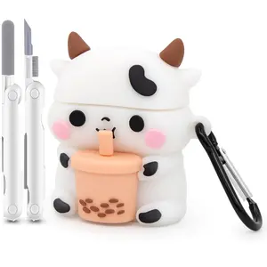 Dumkery Cute Airpods Case Boba Tea Cow Airpods 2 Case 3D Animals Airpods 1st Generation Case Airpods 2nd Generation Shockproof PVC Charging Case with Cleaner Kit and Carabiner