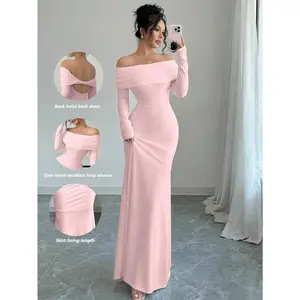 Elegant Fitted Long Sleeve Cinched Waist Double Layer Off-Shoulder Backless Twist Fishtail Hem Ribbed Knit Dress, White, Autumn/Winter Maxi Women Outfit Fabric Formal