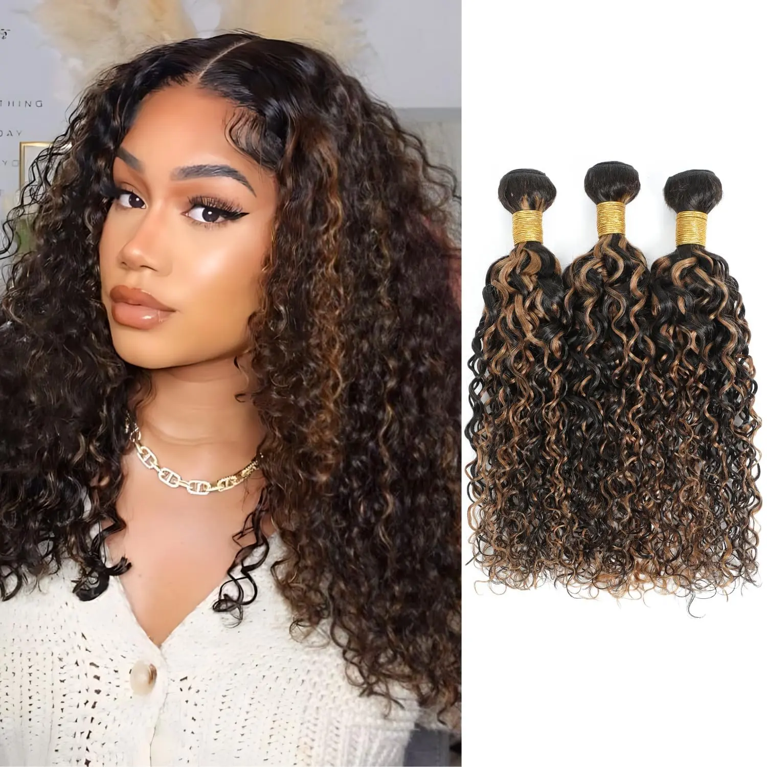 12A Water Wave Human Hair Bundles, F1B/30 Black and Brown Highlight Ombre, 3 Bundles Brazilian Virgin Hair Sew In Weave, 10-28 Inches