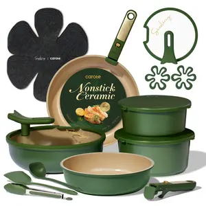 [Official] CAROTE 20Pcs Ceramic Cookware Set Stand-Up Lid with Detachable Handle Set, Non Stick Pots and Pans Set Non Toxic, PFAS Free
