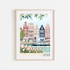 Amsterdam Print Netherlands Travel Poster Colorful Cityscape Wall Art Gallery Wall Decor Bathroom City Wall Art Kitchen Apartment Gift Love