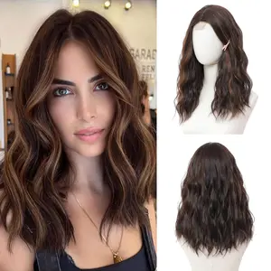 Brown Highlight Wig 18 Inch Medium Length Wigs for Women Middle Part Synthetic Hair Wavy Wig with Upgraded Strands,Natural Hair Wig for Daily Party/Halloween Use 18Inch,Brown Highlight